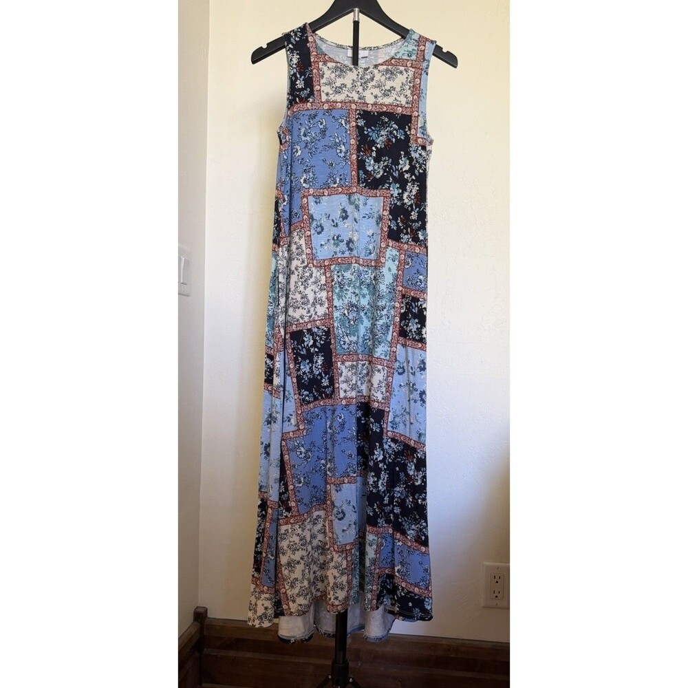 J Jill Women’s S Patchwork Print Tank Maxi Dress Sleeveless Knit Cotton Boho